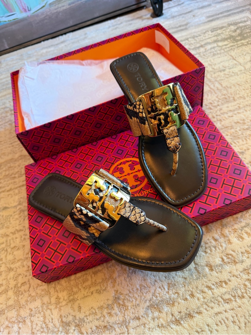 Tory Burch Georgia Snake-Print Straps and Gold Logo Sandals